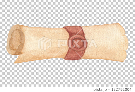 Watercolor illustration of an ancient scroll. Hand drawn sketch of a rolled scroll with red stamp, isolated Watercolor illustration of an ancient scroll. Hand drawn sketch of a rolled scroll with red stamp, isolated 122791004