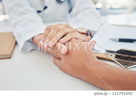 Hands, support and trust with a doctor and patient in the hospital for consulting, healthcare and medicine. Medical, care and help with a medicare professional and a victim in a clinic for health Hands, support and trust with a doctor and patient in the hospital for consulting, healthcare and medicine. Medical, care and help with a medicare professional and a victim in a clinic for health 122791095