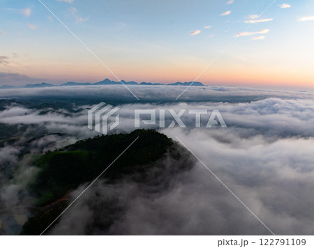 Drone aerial view of landscape mountains view in sunset or sunrise time,High angle view image over countryside at northern Vietnam 122791109
