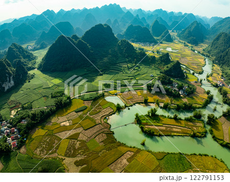 Drone aerial view of landscape mountains view in sunset or sunrise time,High angle view image over countryside at northern Vietnam 122791153