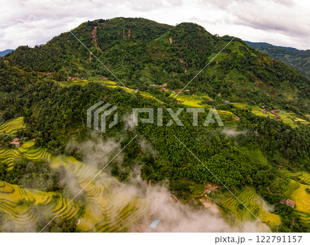 Aerial top view Rice fields on terrace northern Vietnam, Rice fields prepare the harvest at northwest vietnam,Wide angle view Aerial top view Rice fields on terrace northern Vietnam, Rice fields prepare the harvest at northwest vietnam,Wide angle view 122791157