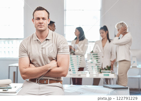 Portrait of corporate manager, business man and architect in team meeting, seminar and training workshop in work office. Leader in management with arms crossed at startup company collaboration 122791229