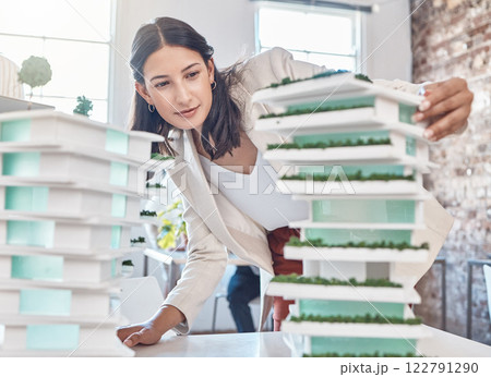 Woman architecture, building model and construction of property project, real estate engineering and industrial planning. Professional designer, creative worker and 3d floor plan scale in development Woman architecture, building model and construction of property project, real estate engineering and industrial planning. Professional designer, creative worker and 3d floor plan scale in development 122791290