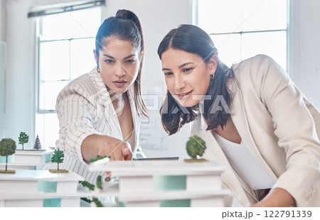 Architect, team and engineer meeting while women discuss 3d architectural model vision. Teamwork and collaboration while talking and planning construction building prototype design project in office 122791339