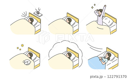 睡眠：ベッドで安眠する女性　セット、バリエーション 122791370