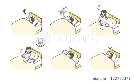 睡眠：ベッドで安眠できない女性　セット、バリエーション 122791371