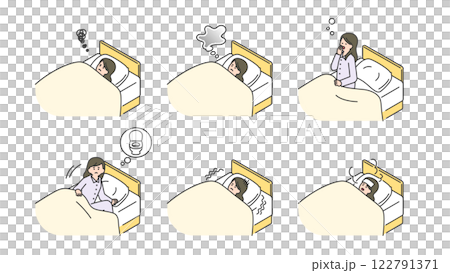 睡眠：ベッドで安眠できない女性　セット、バリエーション 122791371