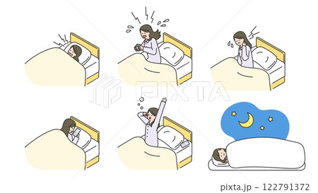 睡眠：ベッドで安眠できない女性　セット、バリエーション 122791372
