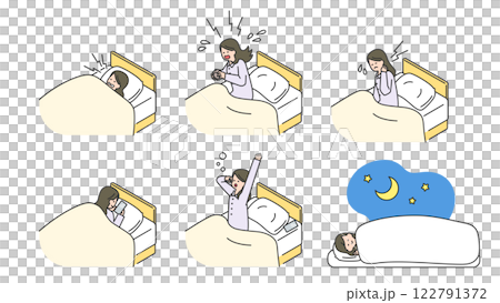睡眠：ベッドで安眠できない女性　セット、バリエーション 122791372