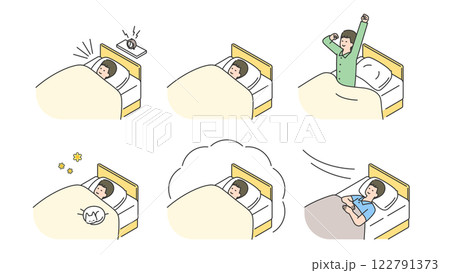 睡眠：ベッドで安眠する男性　セット、バリエーション 122791373