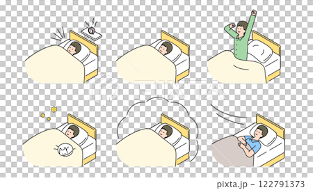 睡眠：ベッドで安眠する男性　セット、バリエーション 122791373