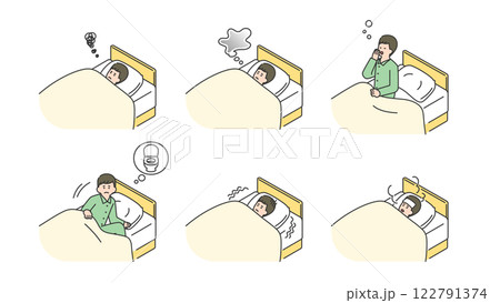 睡眠：ベッドで安眠できない男性　セット、バリエーション 122791374