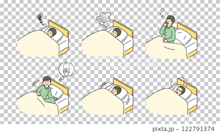 睡眠：ベッドで安眠できない男性　セット、バリエーション 122791374