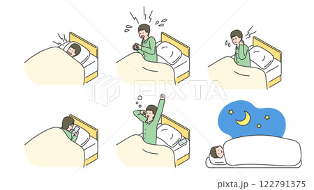 睡眠：ベッドで安眠できない男性　セット、バリエーション 122791375