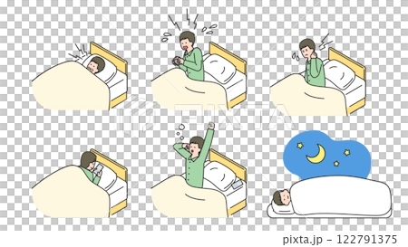 睡眠：ベッドで安眠できない男性　セット、バリエーション 122791375