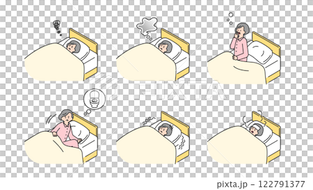 Sleep: Senior woman unable to sleep well in bed, set, variations Sleep: Senior woman unable to sleep well in bed, set, variations 122791377