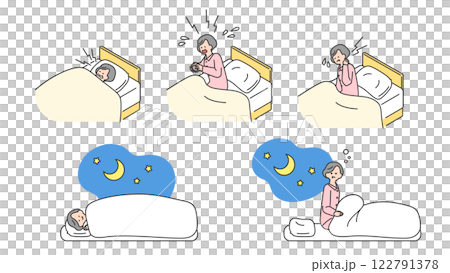睡眠：老年婦女在床上無法睡好，佈景，變化 122791378