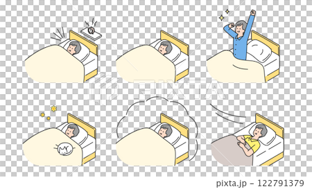 Sleep: Senior man sleeping peacefully in bed, set, variations Sleep: Senior man sleeping peacefully in bed, set, variations 122791379