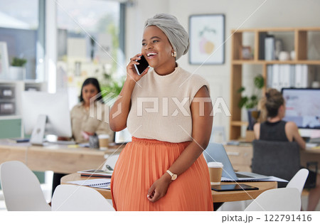 Business woman, phone call and entrepreneur working in startup, small business or company. Black woman, success and manager talking with client or worker in professional design office building 122791416