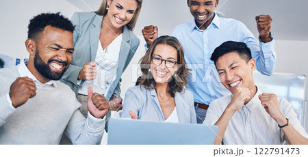 Success, collaboration and celebrate with business people in team building, goals and motivation strategy planning. Teamwork, winner and innovation business meeting or conference with happy employees 122791473