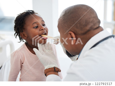 Children doctor, tongue and throat exam in healthcare hospital, wellness room and medical consulting clinic. Medicine worker, employee and man with trust and support for girl in covid mouth analysis 122791517