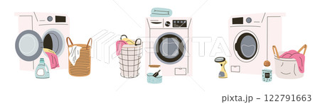 Vector illustration set of modern washing machines with laundry baskets, detergent, and fabric care accessories in minimalist flat style, household routine, cleaning organization collection 122791663