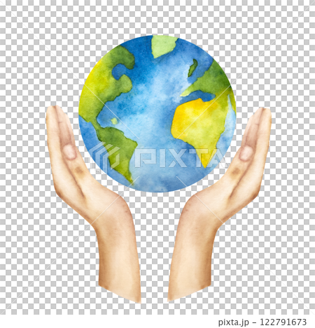 Human palm, hands with planet earth. Watercolor hand drawn save the planet illustration isolated on background. Agriculture, organic gardening, planting or ecology, awareness. Environmental, earth day 122791673