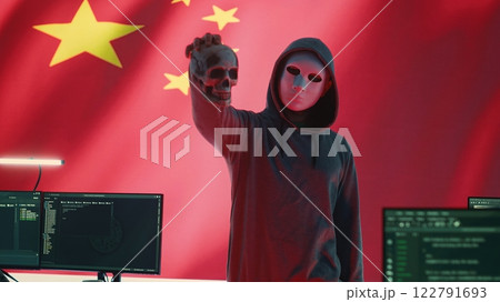 Chinese man presenting a human skull to make death threats, symbolizing criminal activity. Hacker asking for ransom after breaking into governmental security systems, digital mercenary work. Camera A. Chinese man presenting a human skull to make death threats, symbolizing criminal activity. Hacker asking for ransom after breaking into governmental security systems, digital mercenary work. Camera A. 122791693