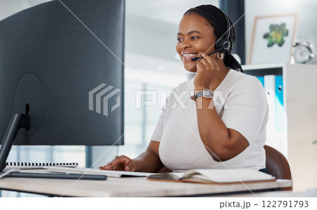 Telemarketing consultant woman, sales or ecommerce advisor consulting with a smile and customer service. Call center agent or IT support worker at desk with a computer for arm and contact us website 122791793