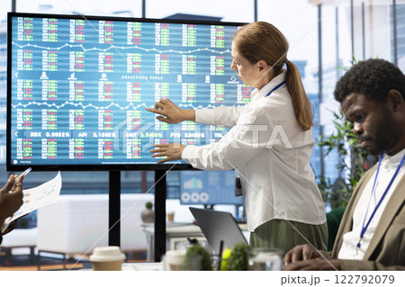Advisory board members and team leaders gathering to review project outcomes, discuss resource allocation to ensure objectives achievement. Diverse business associates in a meeting. 122792079
