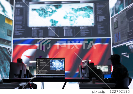 Army soldiers working in a control center base of operations with a North Korea flag on big screen, monitoring footage via gps location and world map. Staff committing war crimes against rivals. Army soldiers working in a control center base of operations with a North Korea flag on big screen, monitoring footage via gps location and world map. Staff committing war crimes against rivals. 122792156