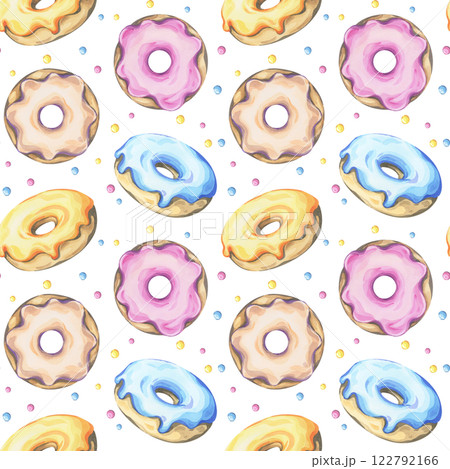 Seamless watercolor pattern with colorful donuts on a white background Seamless watercolor pattern with colorful donuts on a white background 122792166