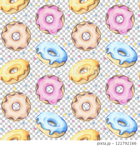 Seamless watercolor pattern with colorful donuts on a white background Seamless watercolor pattern with colorful donuts on a white background 122792166