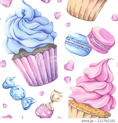 Seamless watercolor pattern featuring cakes. Cupcakes with blue and pink frosting, macaroons and candies. Perfect for packaging, textiles and greeting cards with a sweet and playful touch 122792182