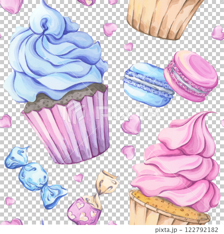 Seamless watercolor pattern featuring cakes. Cupcakes with blue and pink frosting, macaroons and candies. Perfect for packaging, textiles and greeting cards with a sweet and playful touch 122792182