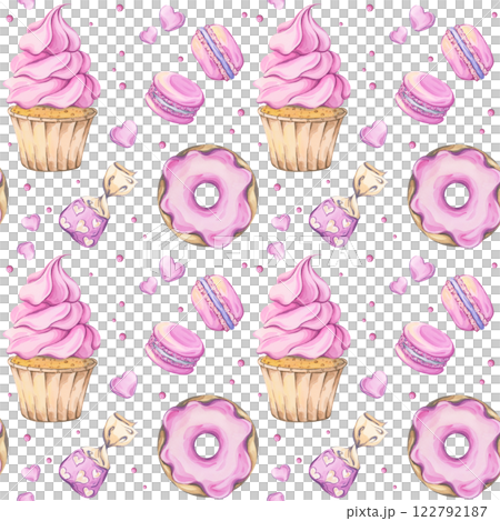 Seamless watercolor pattern in soft pink tones featuring desserts: a cupcake with pink frosting, a donut, macarons and candies. Ideal for bakery branding, cozy cafe decor, scrapbook paper 122792187