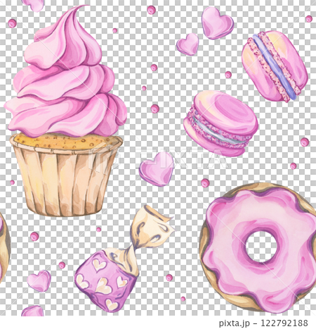 Seamless watercolor pattern in soft pink tones featuring desserts: a cupcake with pink frosting, a donut, macarons and candies. Ideal for bakery branding, cozy cafe decor, scrapbook paper Seamless watercolor pattern in soft pink tones featuring desserts: a cupcake with pink frosting, a donut, macarons and candies. Ideal for bakery branding, cozy cafe decor, scrapbook paper 122792188