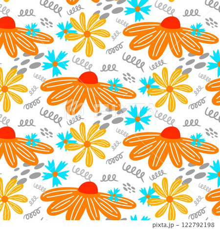 Vector hand drawn summer floral seamless pattern isolated on white background. Doodle leaves and flowers. Cartoon tropical background for wedding design, wrapping, textiles, ornate and greeting cards 122792198