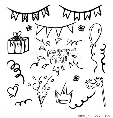 Vector hand drawn party elements for birthday celebration. Doodle garland, flag, fireworks, confetti, balloon, present, gift, clapperboard, crown, Carnival mask, heart. Scribble, wavy, swirls, twirls 122792199