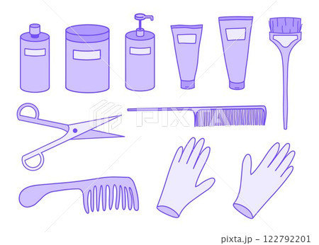 Drawn hair care products in doodle style. Cute set of shampoo, conditioner, hair masks and styling tools. Perfect for showcasing hair care routines, promoting care essentials for healthy hairstyle. 122792201