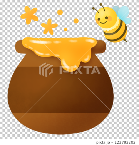 はちみつの壺とミツバチと花のイラスト はちみつの壺とミツバチと花のイラスト 122792202