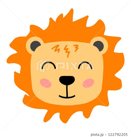 Cute hand drawn lion for kids poster isolated on white background. Funny cartoon lion icon. Vector doodle illustration for posters, cards, t-shirts, textiles, kids book, greeting cards, kids games 122792205