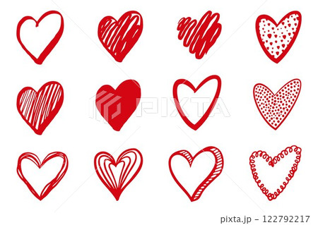 Vector hand drawn Valentine's hearts isolated on white background. Decorative doodle love heart shape sketch style. Scribble ink hearts icon for wedding design, wrapping, ornate and greeting cards Vector hand drawn Valentine's hearts isolated on white background. Decorative doodle love heart shape sketch style. Scribble ink hearts icon for wedding design, wrapping, ornate and greeting cards 122792217