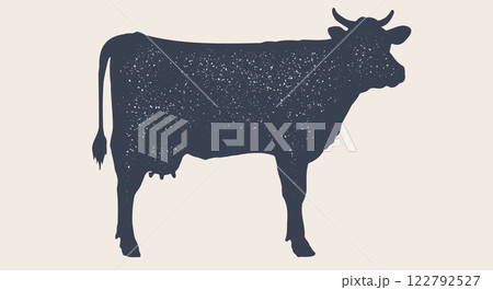 Cow, bull, beef. Hand drawn silhouette. Vintage retro print, black white cow, bull, beef sketch ink pencil drawing. Sketch artwork silhouette cow bull. Side view profile beef bull. Vector Illustration 122792527