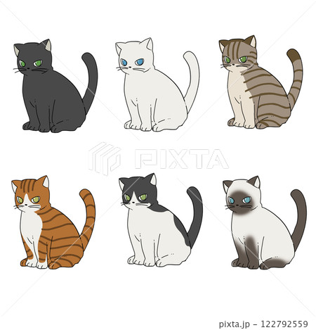 座っている黒猫、白猫、キジトラ、茶トラ、ハチワレ、シャム猫のセット 122792559