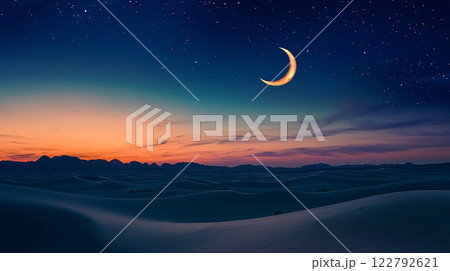 砂漠の夜空に輝く三日月と星 砂漠の夜空に輝く三日月と星 122792621