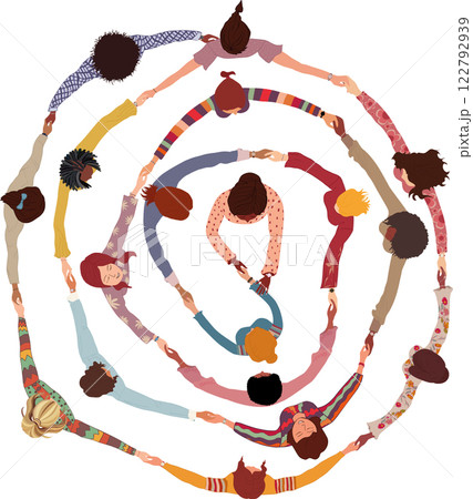 Isolated group of multicultural women in circle holding hands. International women s day. Diversity - inclusion - equality or empowerment. Agreement between colleagues or co-workers Isolated group of multicultural women in circle holding hands. International women s day. Diversity - inclusion - equality or empowerment. Agreement between colleagues or co-workers 122792939
