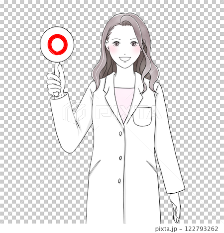 圖：一位身穿白大褂的美女微笑著舉著一個圓圈的盤子 122793262