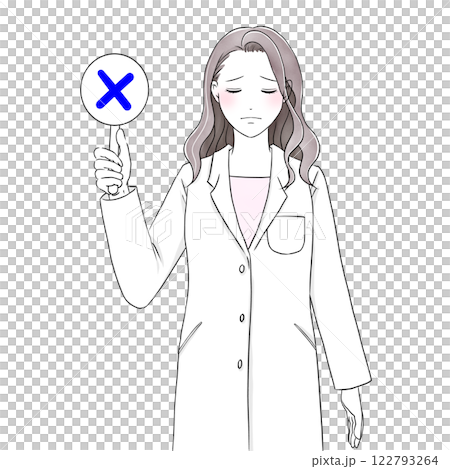 圖:一位身穿白色實驗服的美女,一臉失望,舉著標示「X」的盤子 圖:一位身穿白色實驗服的美女,一臉失望,舉著標示「X」的盤子 122793264