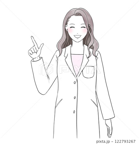 笑顔で指をさす白衣を着た美容系女性イラスト 122793267